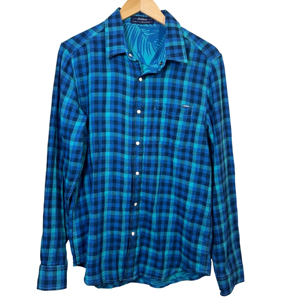 Chubbies Flannel Shirt Medium‎ Blue Reversible Plaid Tropical Long Sleeve Snaps